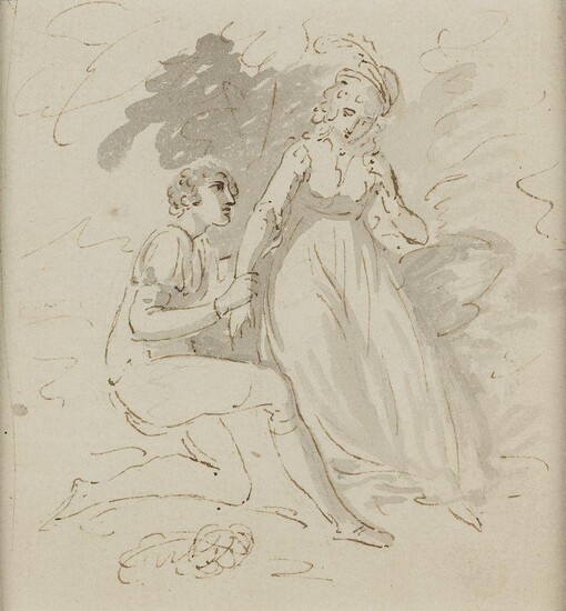 French School, mid-late 18th century- The proposal; pen and brown ink and grey wash on paper, 10 x 9.5 cm.