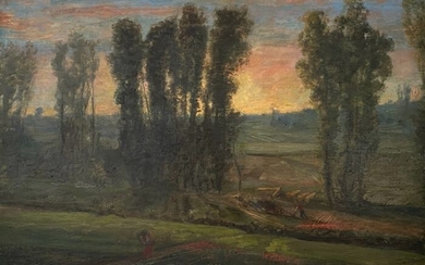French School of the XIX Century - Plowing near poplars at dawn
