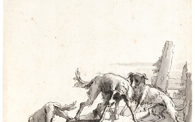 GIOVANNI DOMENICO TIEPOLO | FOUR DOGS PLAYING IN A LANDSCAPE