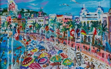 GRAC Yvon (1945) "Les parasols sur la Baie des anges à Nice" Huile sur toile...