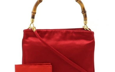 GUCCI Bamboo Handbag Shoulder Bag Satin Red 005.781.0315