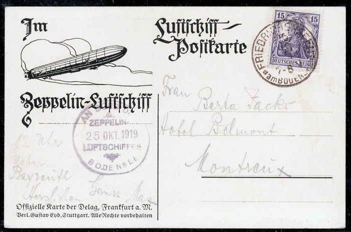 German Empire - Zeppelin airship “Bodensee” Actually flown postcard from 25.10.1919 - Sieger 19C