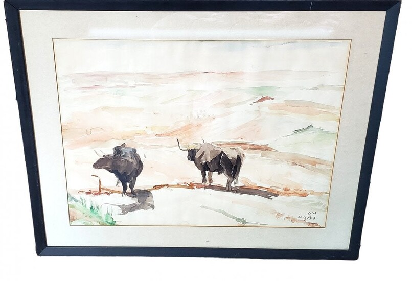 Gish 1958 : Water Color : Cattle Desert Landscape