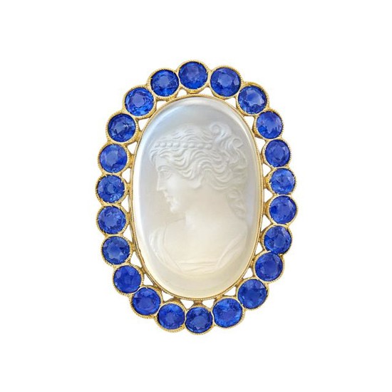 Gold-Plated White Gold, Moonstone Cameo and Sapphire Pendant