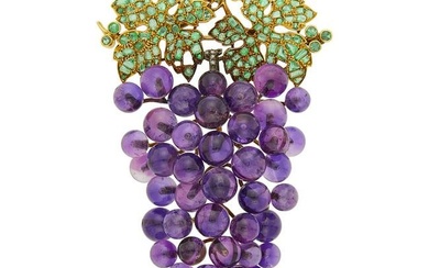 Gold, Silver, Emerald, Diamond and Amethyst Grapes Brooch