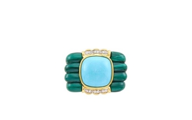 Gold, Turquoise, Carved Malachite and Diamond Ring