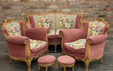 Good quality French three piece parlour suite, floral tapest...