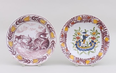 Group of (2) Continental Polychrome Faience Chargers