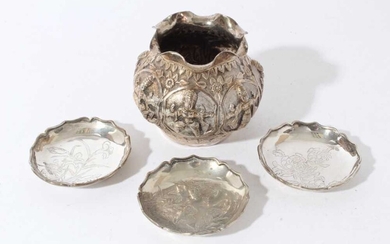 Group of three early 20th century Chinese Export silver pin dishes of circular form, with engraved decoration, marked on bases for Sing Fat and with character marks.