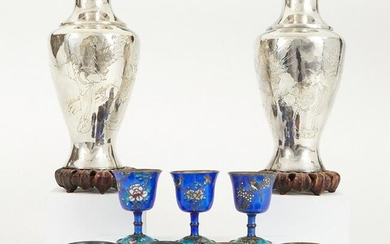 Grp: 7 Chinese Silver Enamel Cups & 2 Vases