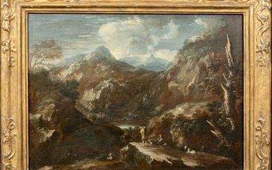 HUNTERS IN A ROCKY LANDSCAPE OIL PAINTING