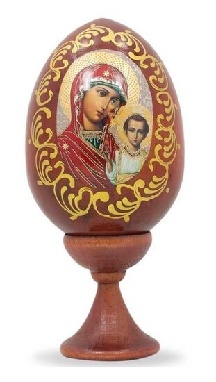 Hand-painted Russian Mary & Jesus Icon Wooden Egg