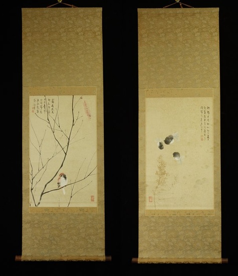 Hanging scroll, Painting - Paper - Unknown - Sparrow / kingyo - Twin scrolls With unreadable signature and seal - Japan - 1936(Early Showa period)