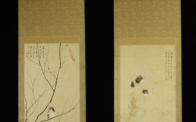 Hanging scroll, Painting - Paper - Unknown - Sparrow / kingyo - Twin scrolls With unreadable signature and seal - Japan - 1936(Early Showa period)