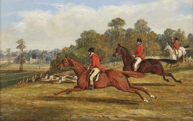 Henry Samuel Alken, Jnr, British 1810-1894- Hunting Scenes: Setting out; Taking the fence; Breaking cover; and The kill; oils on canvas, each 25 x 35.2 cm., a set of four (4). Provenance: with Arthur Ackermann & Son, London.; where purchased in...