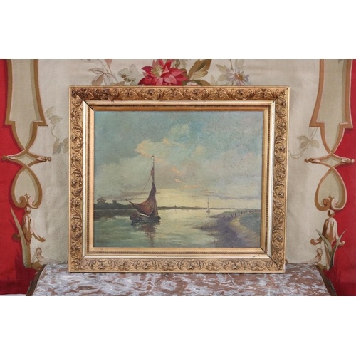 Herbosch, oil on board, fishing boats and estuary, signed in...
