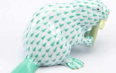 Herend Green Fishnet with Gold "Beaver" Porcelain Figurine