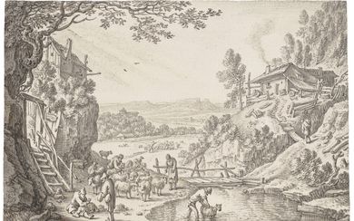 Herman Saftleven (Rotterdam 1609-1685 Utrecht), The month June: A river landscape with sheep being washed and sheared