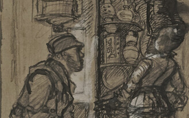 ISABEL BISHOP. Lady Entering Shop. Illustration for unknown publication. Pen, ink, and wash,...