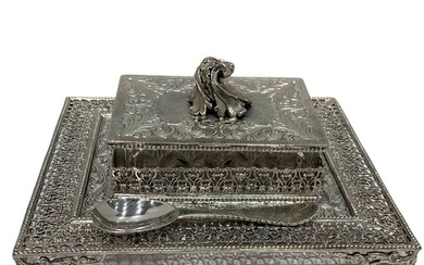 ITALY 925 STERLING SILVER & CRYSTAL HANDMADE OPEN LACE ORNATE HONEY DISH & TRAY