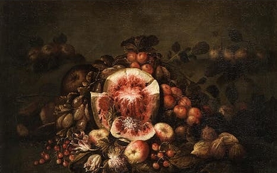 Italienischer Maler des 17./ 18. Jahrhunderts, FRÜCHTESTILLLEBEN MIT ÄPFELN UND GROßER WASSERMELONE
