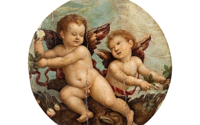 Italienischer Maler des beginnenden 16. Jahrhunderts, ZWEI GEFLÜGELTE PUTTI AUF EINEM FLIEGENDEN ADLER