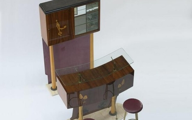 Italy, Bar shelf and counter, 2 bar stools, c. 1955