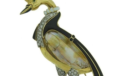 J.E. Caldwell Enamel Natural Pearl Diamond Gold Swan Brooch Pin