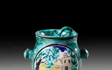 JEAN RENOIR (1894-1979) Pot couvert Épreuve en céramique émaillée polychrome, à décor d'une maison en...