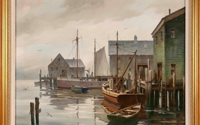 JOHN CUTHBERT HARE (Massachusetts/Florida, 1908-1978), Boats at dock., Oil on canvas, 25" x 30".