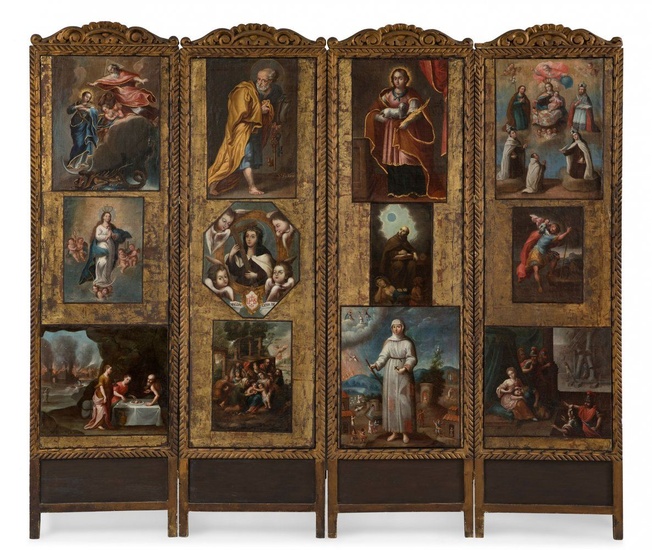 JOSÉ PÁEZ (Mexique, 1720 - 1790) et ÉCOLE. "Paravent avec des scènes religieuses. Douze peintures...