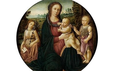Jacopo del Sellaio, auch genannt „Jacopo di Arcangelo“, 1441/42 Florenz – 1493 ebenda, MARIA MIT DEM KIND, DEM ERZENGEL GABRIEL UND DEM TÄUFERKNABEN