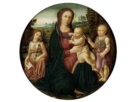 Jacopo del Sellaio, auch genannt „Jacopo di Arcangelo“, 1441/42 Florenz – 1493 ebenda, MARIA MIT DEM KIND, DEM ERZENGEL GABRIEL UND DEM TÄUFERKNABEN