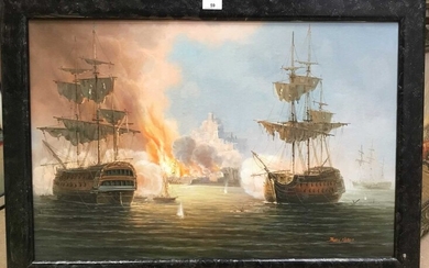 James Hardy, 20th century, A Sea Battle off a city, oil on canvas laid on
