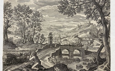Jan Sadeler (1550-1600) - Ludovico Pozzoserrato (1550-1605) - Paesaggio fluviale con scena da esopo (leone di san marco)