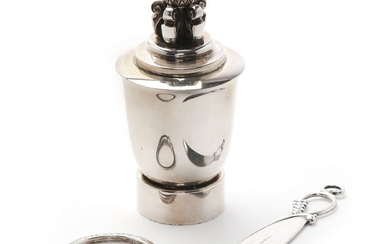 Johan Rohde, Georg Jensen: “Acorn”, sterling silver pepper mill and key holder. In addition a small sterling silver paper knife. (3)