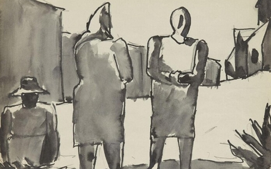 Josef Herman OBE RA, British/Polish 1911-2000 - Meeting after work; pen and black ink and wash, 20 x 25.5 cm (unframed) (ARR) Note: with thanks to Agi Katz for her assistance on the cataloguing of this work