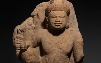 Khmer, Cambodia Sandstone Relief with hindu god Vishnu. Angkor Period, 800 - 1200 AD. 48 cm H. Very huge and important guality