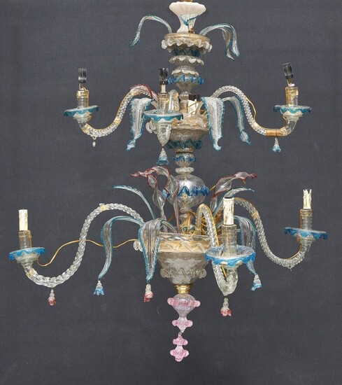 LAMPE DE Murano, XXe siècle Verre transparent et cristal, rose et bleu, à six branches....