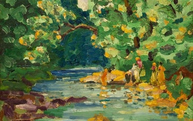 "LANDSCAPE WITH FIGURES" BY ANNA LOUISE THORNE (1866-1965).