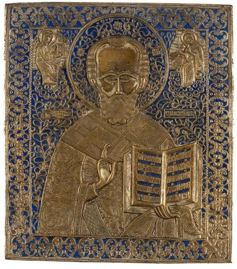 LARGE RUSSIAN METAL-ICON WITH BLUE ENAMEL SHOWING ST. NICHOLAS