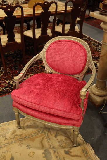 LOUIS XVI STYLE SILVERED WOOD UPHOLSTERED FAUTEUIL . Oval back...