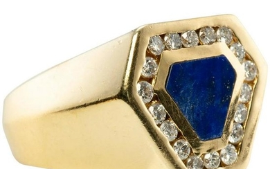 Lapis Lazuli Diamond Mens Ring 14K Yellow Gold