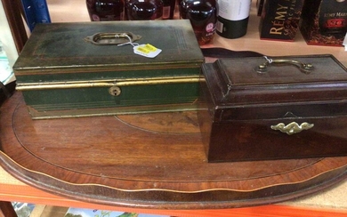 Large 19th-century mahogany inlaid tray, together with a Victorian mahogany stationery box and a toleware stationery box (3)