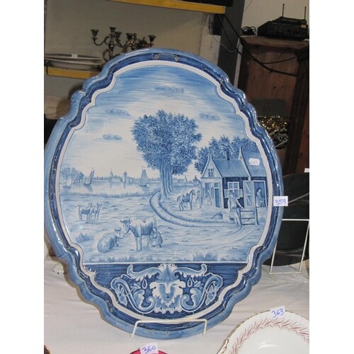 Large Blue & White Delpht Wall Plaque - At fault, has age re...