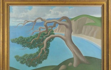 Large Vintage California Coastal With Tree Oil Painting