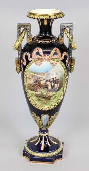 Large floor vase, w. France, 19th c., ceramic, raised amphora form, with angular handles and