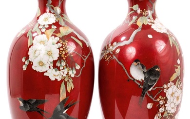 Large pair of fine quality Japanese cloisonné enamel vases
