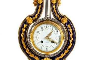Late 19th Century French Sevres Style Porcelain & Jewelled Lyre Clock & Pedestal
