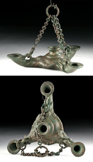 Late Roman / Byzantine Bronze Three-Spouted Oil Lamp
